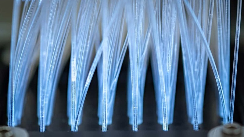 Numerous clear tubes, illuminated blue, rise from a dark base and stand vertically, resembling fiber optic cables.