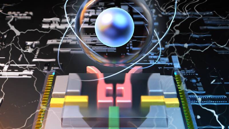 An electron (represented by the ball) is controlled by a resonator (red wires) above a solid neon surface (the transparent square piece under the ball). Noise (disturbances) in the environment (represented by the distortion) becomes quiet around the electron and neon (clear area). Image by Xu Han/Argonne National Laboratory.